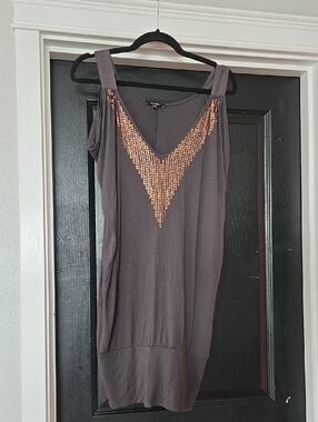 Express Banded Bubble Tunic Dress Dark Gray With Copper Sequins Size Small